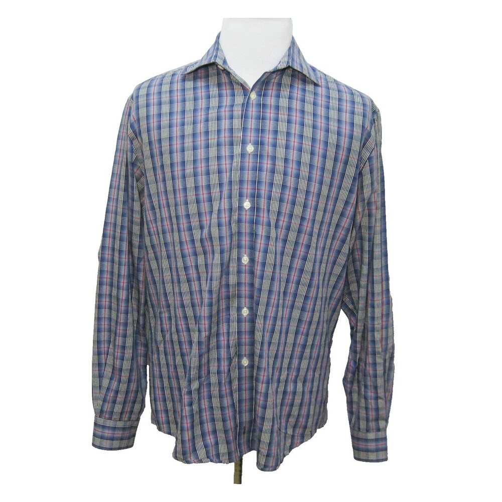 Pronto Uomo Mens Large Blue Plaid Long Sleeve Button Front Shirt 100% Cotton